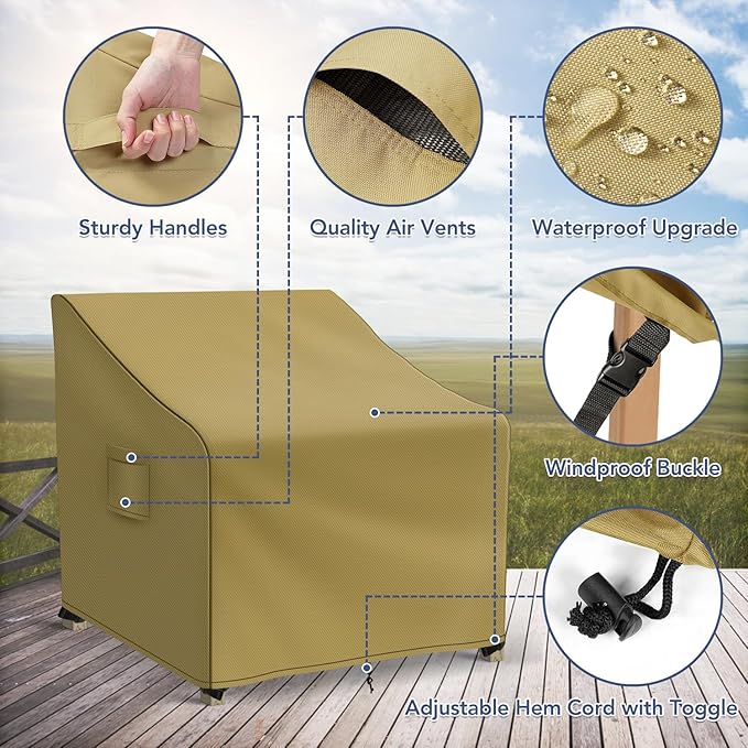 Patio Furniture Covers Waterproof for Chairs, Lawn Outdoor Chair Covers 2 Pack, Patio Chair Covers for Outdoor Furniture Fits up to 30W x 37D x 31H inches, Khaki