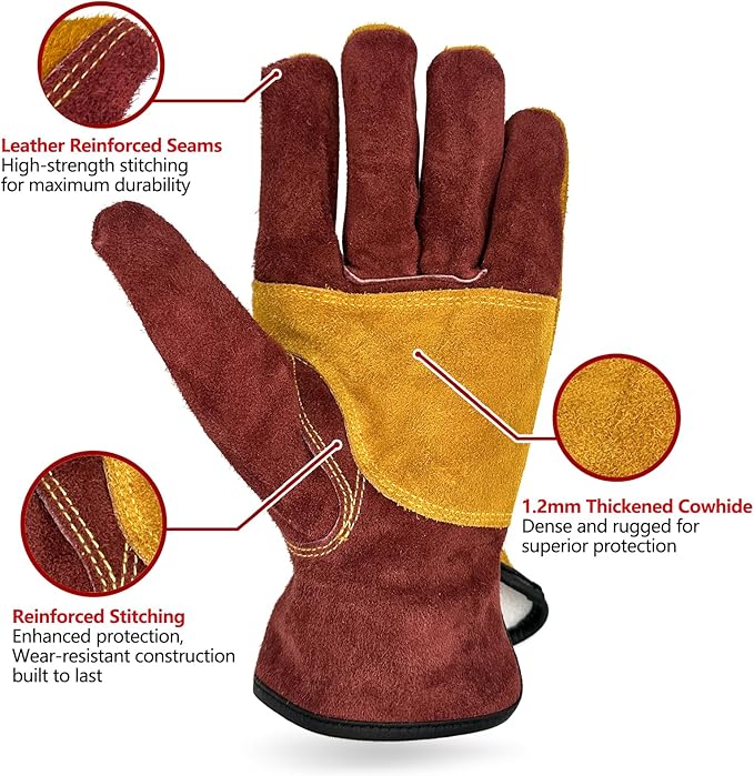 10IN Leather Work Gloves, Heavy-Duty Welding Gloves for MIG TIG Welding, Gardening, Construction, Farm, Wood Chopping Cowhide with Cotton Liner Safety Thorn Proof Gloves Hand Protection(Large)