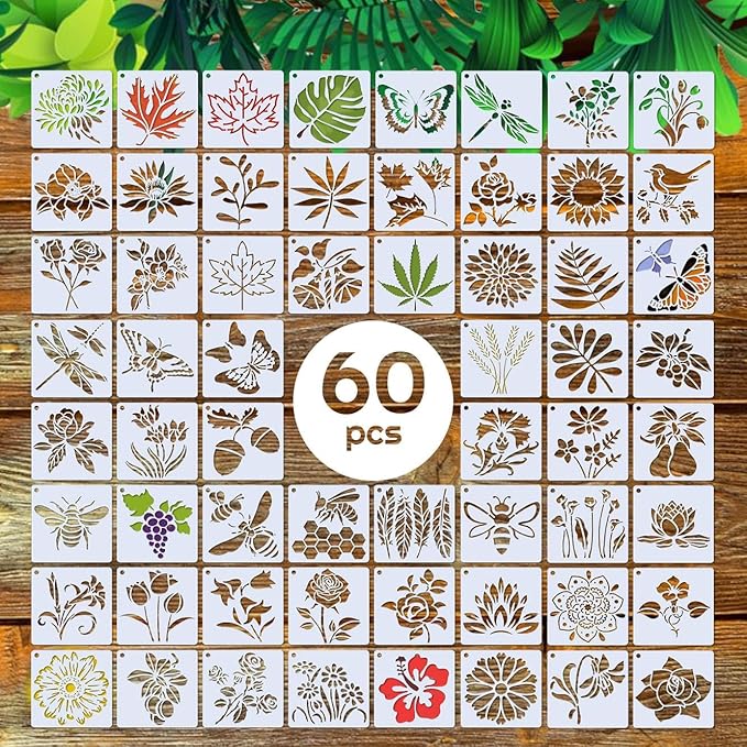 Stencils for Painting – 60pcs 3 Inch Small Stencils for Crafts Reusable, Including Flower, Plant & Butterfly Patterns, Great Templates for Painting on Wood, Fabric, Wall, Rock & Home Decor