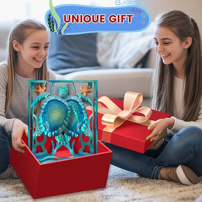 LIFFY Metal Sea Turtle Beach Themed Bathroom Wall Art Decor with Frame-Outdoor Wall Art with LED Fairy Lights, Fish Glass Art Wall Sculpture for Patio,Beach,Garden,Yard,Pool,home gift(2pcs, Blue)