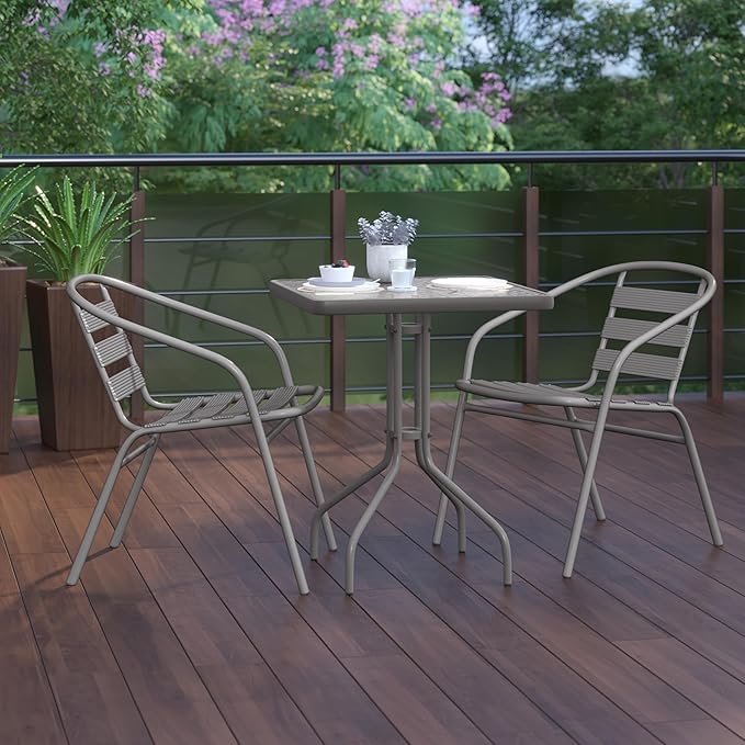 Flash Furniture TLH-0731SQ-017CSV2-GG Lila 23.5'' Square Glass Table with 2 Metal Aluminum Slat Stack Chairs, Silver