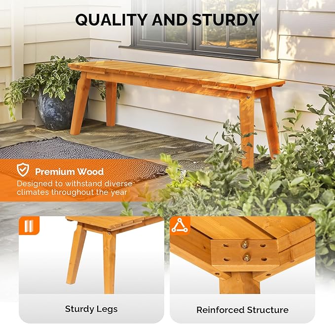 VINGLI Outdoor Wooden Bench, 45” 2-Person Backless Dining Bench, Weatherproof Outdoor Patio Bench for Porch Entryway Garden (1, Teak)