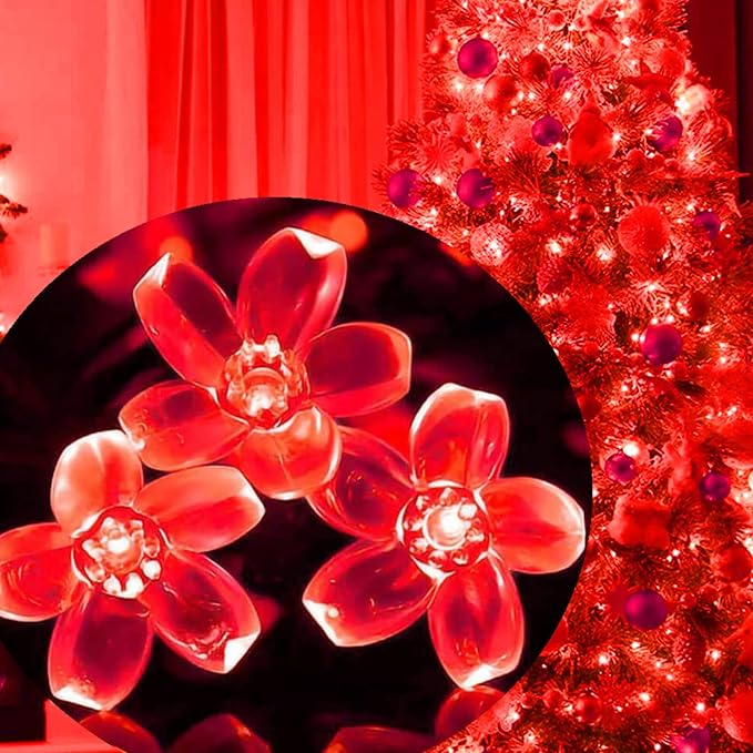 100 LED Red Cherry Blossom Flowrer String Lights, 33 FT Plug in Fairy Floral Lamp with 8 Modes, Flexible Clear Wire for Bedroom Balcony Patio, Valentine's Day Christmas Indoor Outdoor Decorations