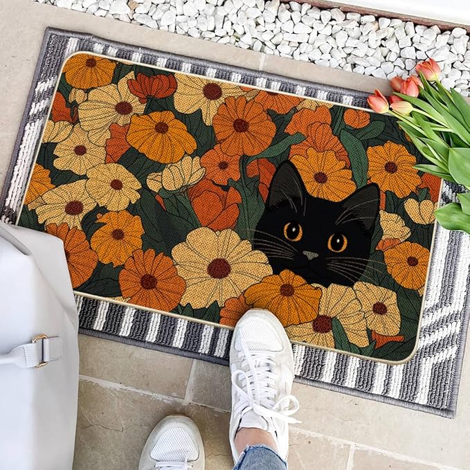 Artoid Mode Black Cat Flowers Spring Doormat, Home Summer Decor Low-Profile Switch Rug Door Mat Floor Mat for Indoor Outdoor 17x29 Inch