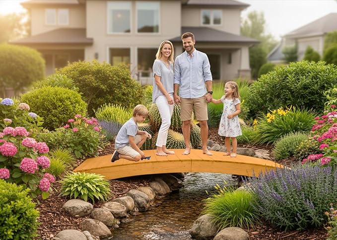 10 FT Oak Amish Made Pinewood Heavy Duty Garden Bridge for Walkway, Backyard Pond & Landscaping, Outdoor Wooden Footbridge for Koi Pond, Japanese Style Decorative Bridge, Made in USA