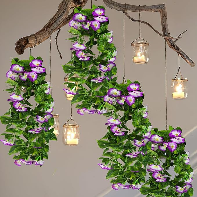 CISDUEO 2 Pcs Artificial Vines Silk Morning Glory Vines for Outdoor 15Feet Hanging Plants Garland Purple Fake Green Plant Morning Glories for Home Decor Wall Fence Stairway Wedding Hanging Baskets