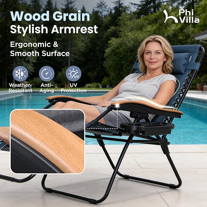 PHI VILLA XXL Oversized Padded Zero Gravity Chair, Foldable Patio Recliner, 30" Wide Seat Anti Gravity Lounger with Cup Holder, Support 400 LBS (Blue Accent)