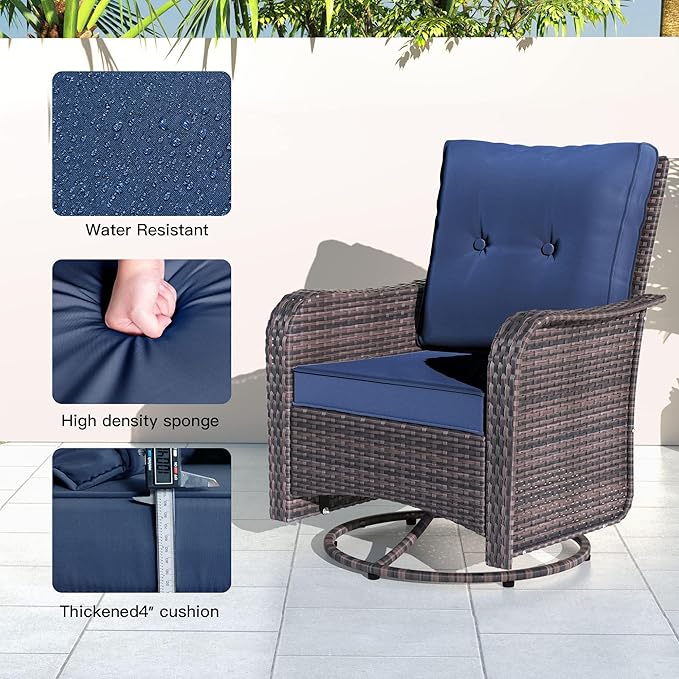 Kullavik 9 Pieces Outdoor Patio Furniture Set,PE Wicker Rattan Sectional Sofa Patio Conversation Sets with Tempered Glass Table,Swivel Rocking Chairs Set,Navy Blue