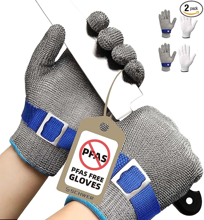 Schwer SlicePro ANSI A9 Cut Resistant Glove PR1707, Food Grade Stainless Steel Wire Metal Gloves, Cutting Gloves for Kitchen, Meat Cutting, Oyster Shucking, Fish Fillet（L, 2 PCS）