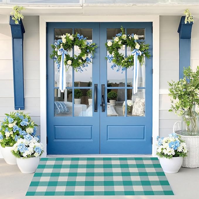 SEEKSEE Buffalo Plaid Outdoor Rug 3'x5' Light Blue and White Checkered Area Rug Washable Doormat Cotton Boho Bedroom Rug for Kitchen Entryway Hallway Front Door Farmhouse Living Room