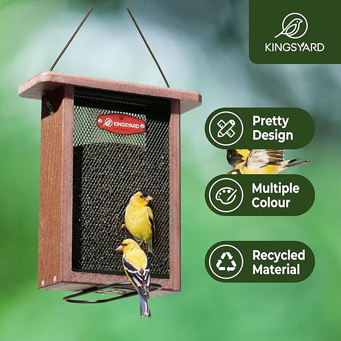 Kingsyard Finch Feeder for Outside Hanging, Metal Mesh Bird Feeders for Thistle/Nyjer Seed, Sliding Mesh & Built-in Perch, Recycled Plastic, Brown