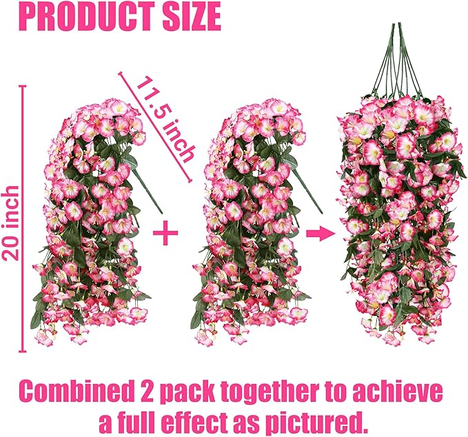 Sggvecsy Artificial Fake Hanging Flowers Plants for Outdoor Outside Spring Summer Decoration 2PCS Faux Silk UV Resistant Realistic Morning Glory Trailing Vines for Home Porch Patio Balcony(Pink)