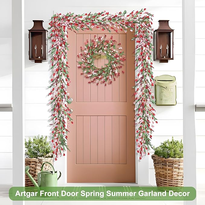 Artgar Flower Garland 6Ft Spring/Summer Garland Floral Garlands for Mantle All Year Round Paper Garlands Decor for Indoor Outdoor Home Wedding Arch Porch Stair Backdrop Year Round Decor (Red Pink)