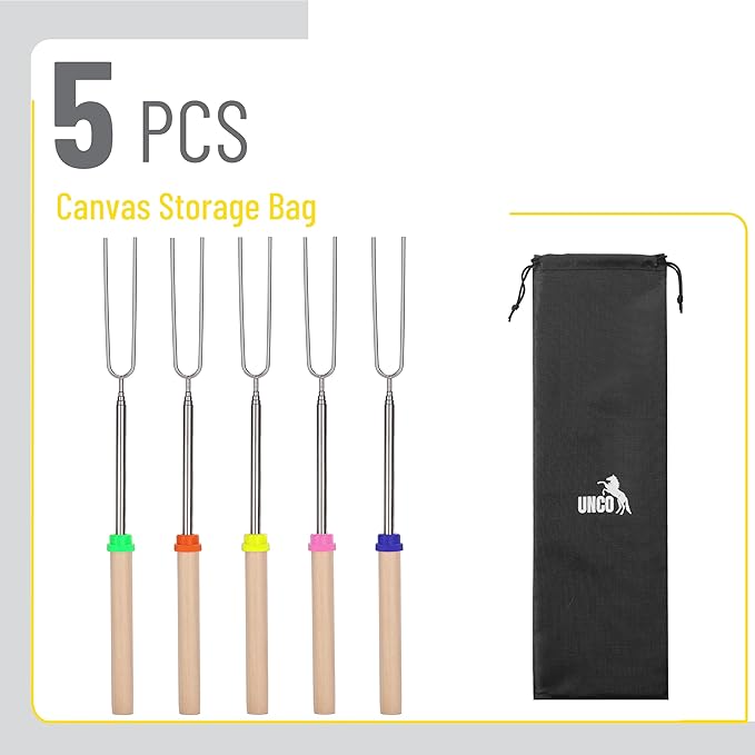 UNCO- Marshmallow Roasting Sticks, 32", 5 Pack, Extendable Stainless Steel Smores Sticks for Fire Pit, Smores Skewers, Campfire Cooking Equipment