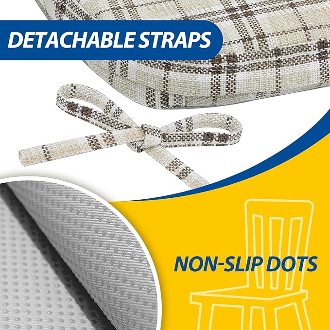 AAAAAcessories D-Shaped Chair Cushions, 2" Thick Dining Chair Pads with Ties and Removable, Machine-Washable Cover, 17" x 16", Yellow Checkered