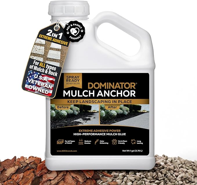 Dominator Mulch Anchor 1 Gallon - Mulch Glue & Rock Glue for Landscaping, Pea Gravel & Bark, Strong Stabilizer & Stone Adhesive, Gravel Binder, Ready to Use, Made in US