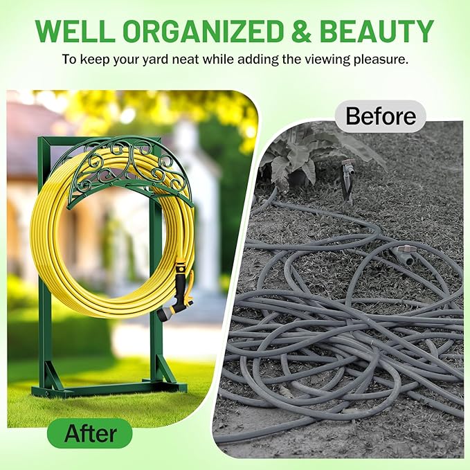 Garden Hose Holder - Upgraded Water Hose Holders for Outside with 5 Spikes & 2 Shepherds Hooks, Freestanding Hose Stand Hose Hanger Hose Storage Hose Reel Rack for Yard Lawn(Green)