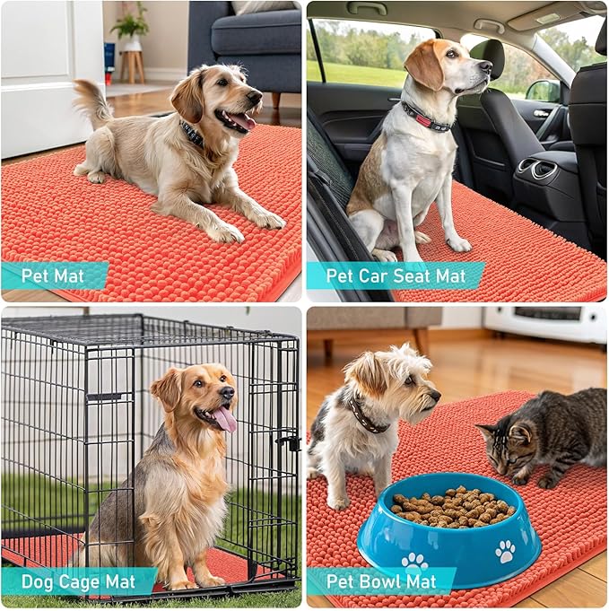 OLANLY Dog Door Mat for Muddy Paws 70x32, Absorbs Moisture and Dirt, Absorbent Non-Slip Washable Doormat, Quick Dry Chenille Mud Mat for Dogs, Entry Indoor Entryway Carpet for Inside Floor, Coral