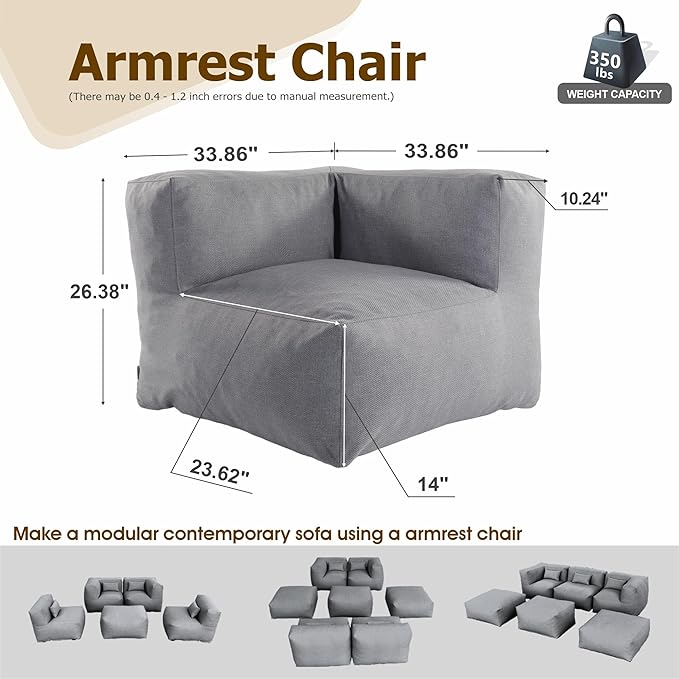 Patio Corner Chair, Outdoor Armrest Bean Bag Chair, Daybed Sofa Comfy Couch, Modular Patio Sectional Sofa, Water-Resistant Olefin Fabric, High-Density Foam Filled, Comfy Lounge Seat, Dark Gray