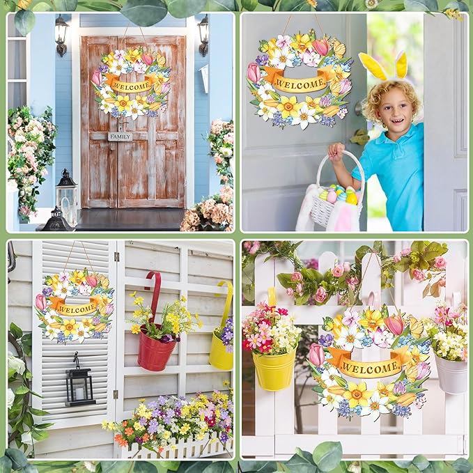 Spring Door Sign, 11.5" Flower Welcome Spring Door Hanger Decor for Front Door Rustic Flower Wall Pediments for Spring Easter Party Outdoor Indoor Front Door Decor