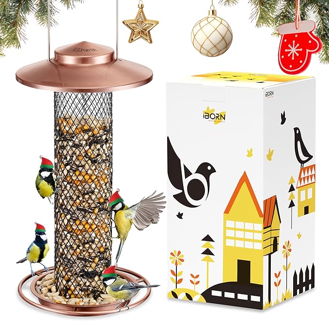 iBorn Peanut Bird Feeder,Sunflower Seed Feeder,13.5 Inch Metal Mesh Tube Bird Feeders for Outdoors Hanging,Squirrel-Proof Birdfeeders for Peanut with 17cm Weatherproof Roof & Tray,2 LB Capacity,Copper