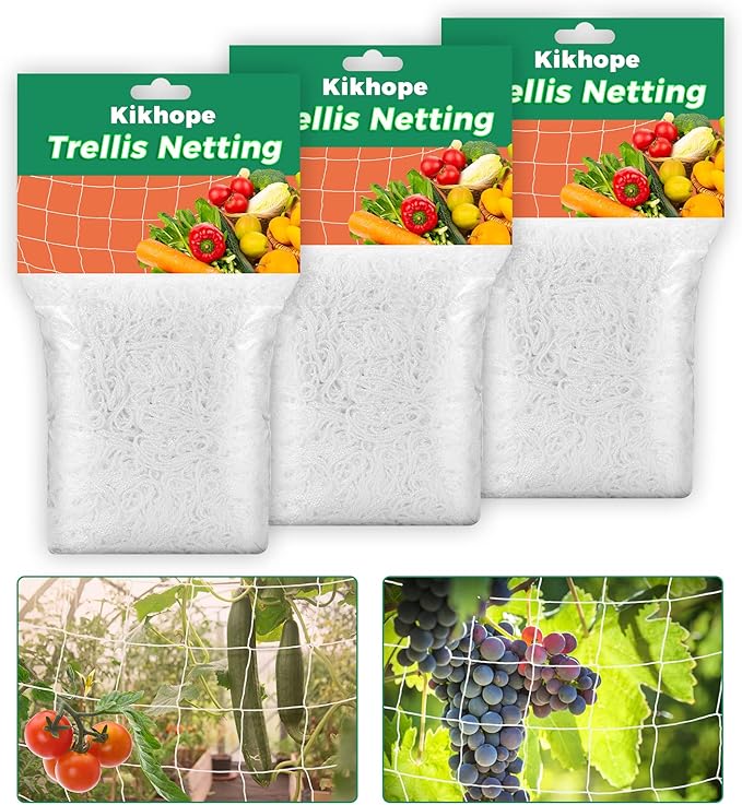 3 Packs 5 x 30ft Kikhope Plant Trellis Netting, Heavy-Duty Polyester Grow Net, Garden Trellis Netting with Square Mesh for Climbing Plants, Vegetables, Fruits, and Flowers, White