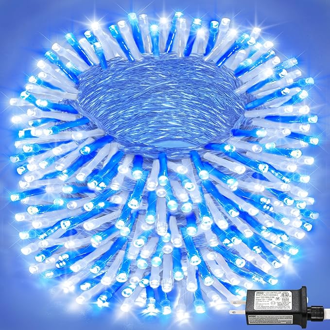 165FT 500 LED Christmas Lights Outdoor, Blue and White Christmas String Lights Waterproof 8 Modes, Plug in Twinkle Fairy Lights Clear Wire for Indoor Xmas Tree Garden Patio Holiday Decorations