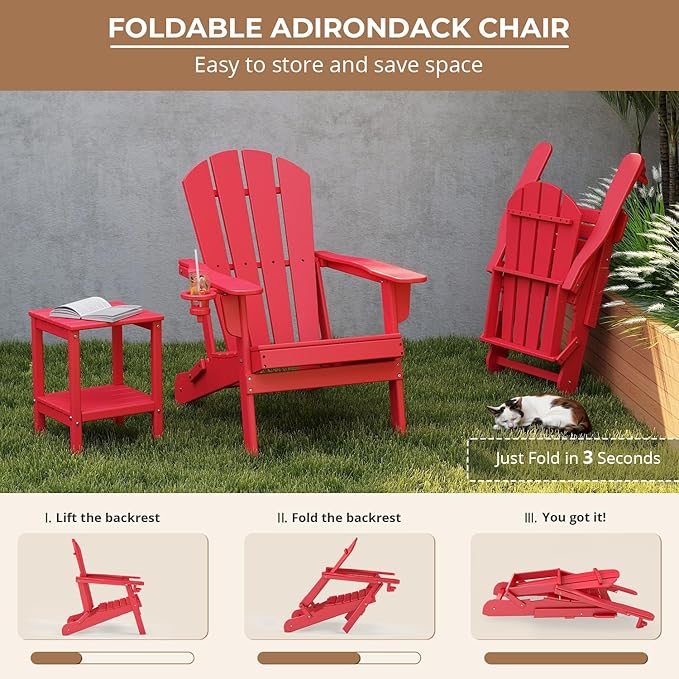 BRIOPAWS Folding-Adirondack-Chairs Set of 4 | HDPE Plastic | Fire Pit Chair | Cup Holder | Curved Back | All Weather| for Outdoor Backyard Deck Patio | Red