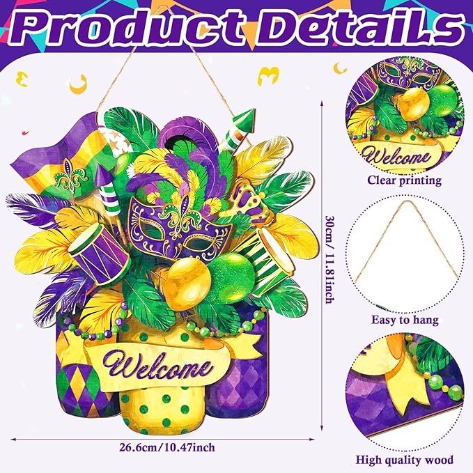 Boao Welcome Mardi Gras Door Decorations Mardi Gras Sign Hanging Decoration wall Hanger Masquerade Carnival Wreath for Outdoor Farmhouse Porch Front Door Decor