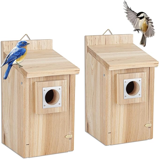 CARTMAN 0.6 Inch Thick Wood Bird Houses with Stainless Steel Guard, Hummingbird House for Outside Clearance Garden Country Cottages 2pk