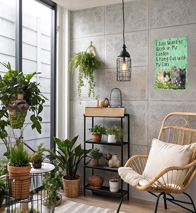 Gardening Gifts for Women and Men - Funny Cat Wall Decor Metal Sign, Cute Room Posters for Cat Lovers, Vintage Garden Decor, Home Office Art, Catio Accessories Cat Room, Cool Gifts for Plant Lovers