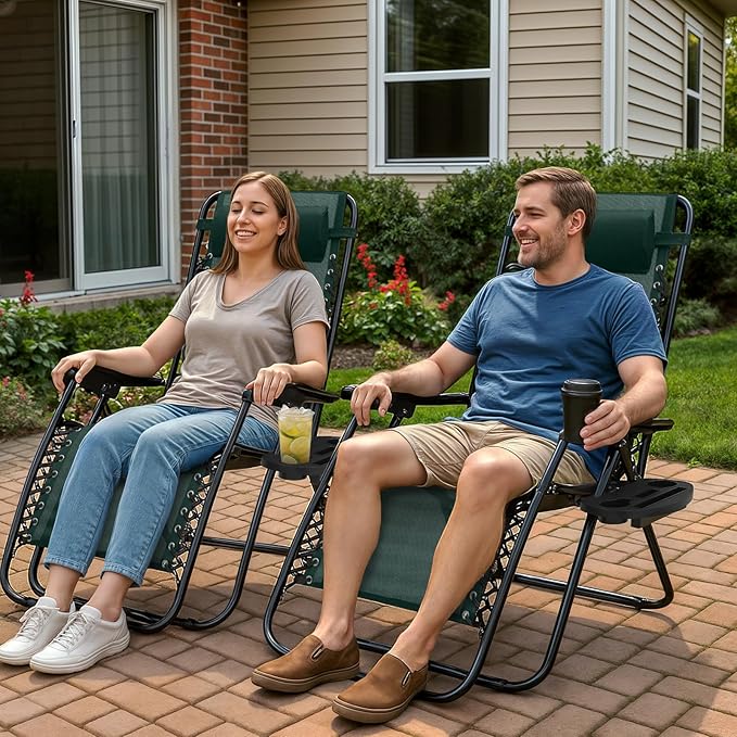 Magshion Zero Gravity Lounge Chairs Set of 2, Outdoor Patio Reclining Chair with Side Tray, Adjustable Anti-Gravity Recliners with Pillow Headrest, Folding Lounger for Lawn Camping Beach, Green