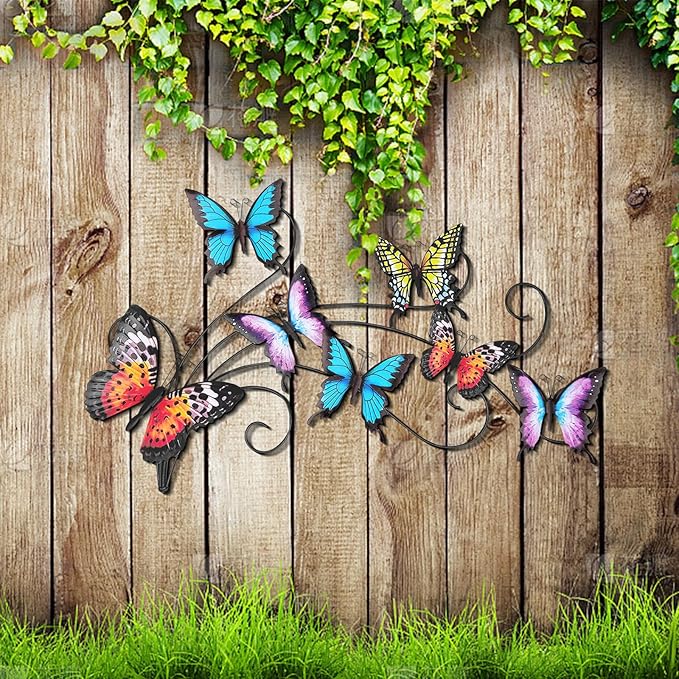 Metal Butterfly Wall Decor, 22"×13.3" Hanging Butterflies Wall Art Sculpture, Multi Color Butterfly Decorations for Patio Garden Fence Bedroom, Butterflies Gift for Father, Mother, and Grandmother