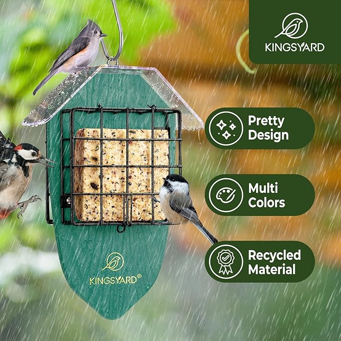 Kingsyard Double Suet Feeder for Outdoors Hanging, Recycled Plastic Tail-Prop Suet Bird Feeders with Rainproof Roof, Great for Woodpecker Chickadee Nuthatch (Green)