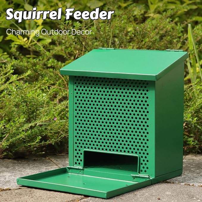 Squirrel Feeders for Outside，Squirrel Feeder with Foldable Metal Front Panel Perch Funny Metal Chipmunk House Hanging Boxes Easy to Refill (Green)