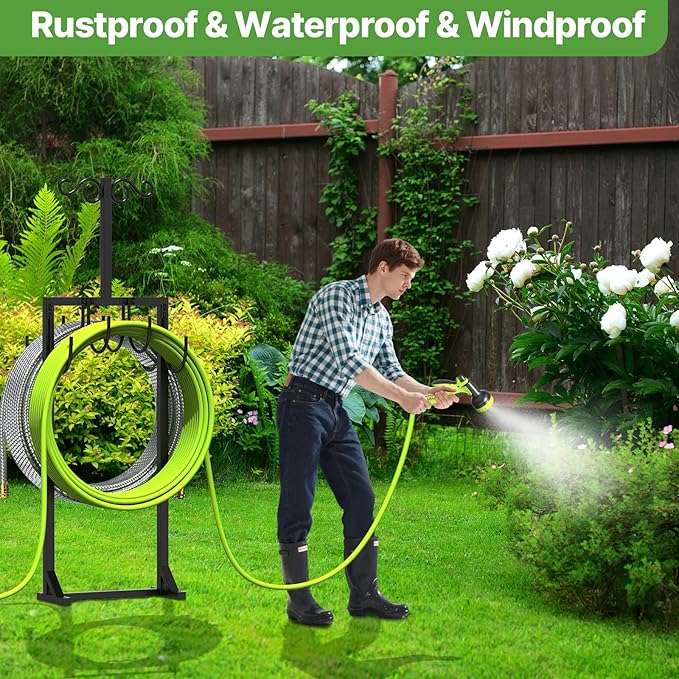Heavy Duty Garden Hose Holder for Outside - Dual Side Hooks & Shepherd Hook - Freestanding Water Hose Holder - Holds Bird Feeders/Lights/Plants - Sturdy Hose Reel for Outside