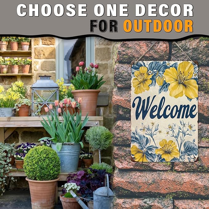 Flowers Vintage Tin Sig Welcome Metal Tin Sign Retro Sign for Home Bar Office Outdoor Wall Decor 12x16inch