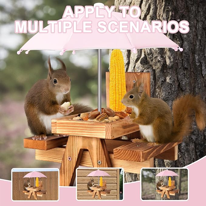 Gnodary Squirrel Feeder with Umbrella, Squirrel Feeders for Outside, Squirrel Picnic Table Feeder - Chipmunk Feeder Hold Corn, Corn Cob, Peanuts (Light Pink)