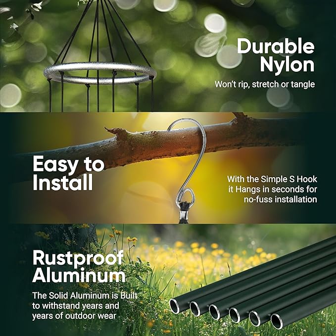 Nature’s Melody Aureole Tunes Wind Chimes – Outdoor Windchime with 6 Tubes Tuned to E Pentatonic Scale, 100% Rustproof Aluminum, Powder Finish & S Hook Hanger for Sympathy, Memorial Gift or Zen Garden