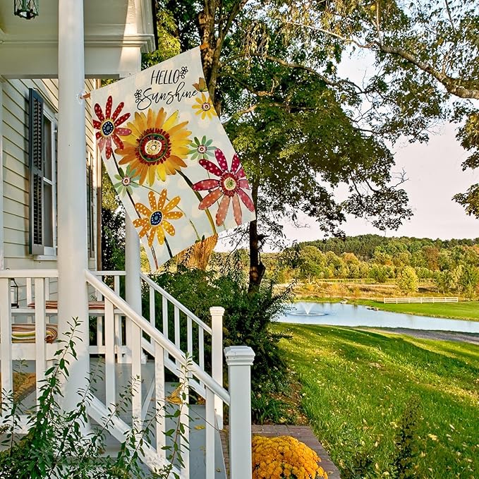 Spring Flowers House Flags for Outdoor, Hello Sunshine Sunflower Daisy Yard Flags for Outside,Summer Seasonal Decorative Flag for Farmhouse Holiday Decoration 28x40 Inch Double Sided