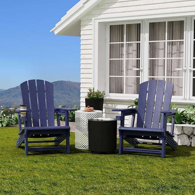 Adirondack Chair，Plastic Outdoor Chairs Without Screws Install，Patio Adirondack with Cup Holder，400 LBS Capacity Recliner Chair Garden Chair for Backyard Lawn Beach Navy Blue