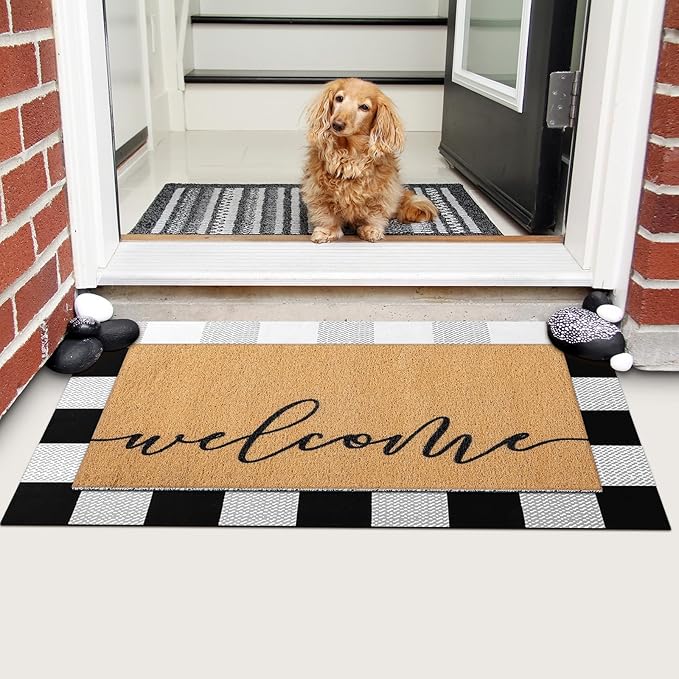 Tinideya 2 Pcs Door Mat Welcome Non Slip Coir Mats Black White Buffalo Plaid Checked Floor Layering Doormats Seasonal for Front Porch Entryway Decor(Welcome)
