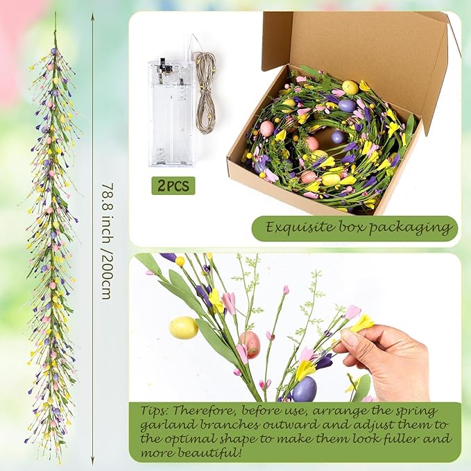 6.5 Ft Easter Colorful Eggs Garland for Mantle Spring Summer Pastel Artificial Flower Garlands Vines Easter Decorations for Home Mantle Fireplace Indoor Holiday Decor