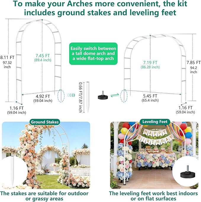 Thickened Rustproof Garden Arch Metal Trellis for Climbing Plants Outdoor, Wedding Arch Garden Arbor Frame Archway 4.9 x8.1 or 5.5 x7.9Ft Flower Arches for Bridal Party Decoration (White)