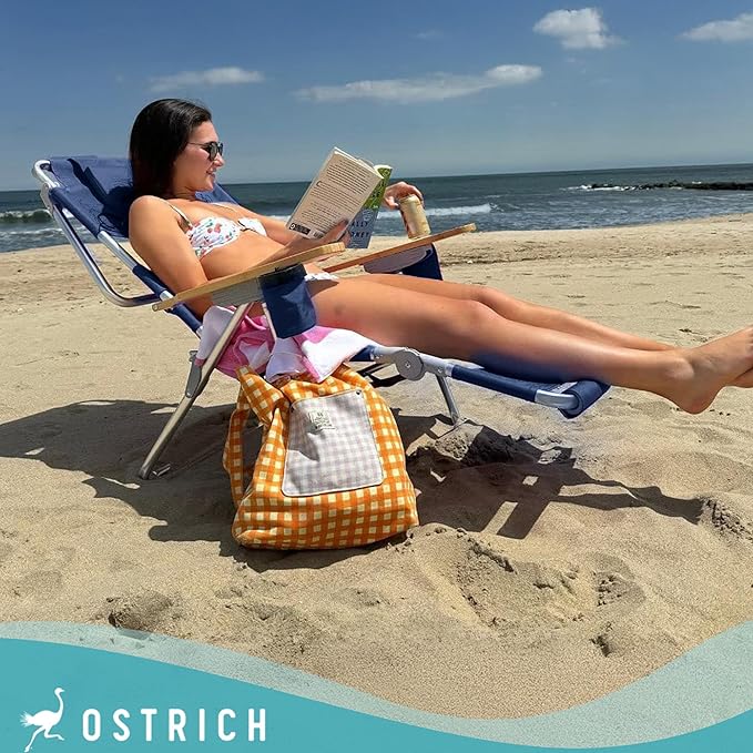 Ostrich Reclining Lounge Chair, Deluxe 3 in 1 Folding Outdoor Beach Lounger, Navy Blue - Compact and Portable Recliner for Pool Tanning, Lawn, Patio, and Yard