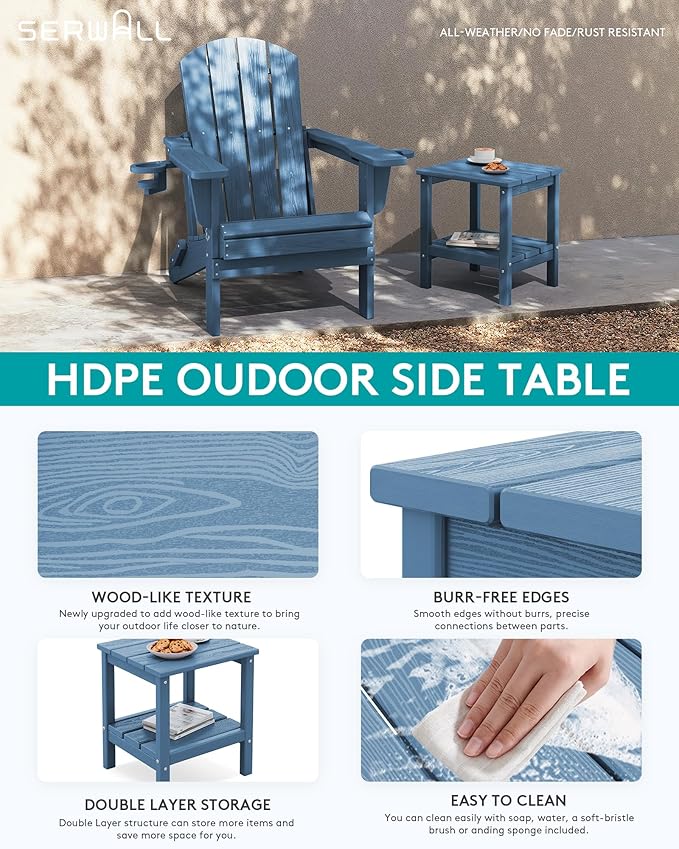 SERWALL 2-Tier HDPE Outdoor Side Tables Set of 2, Weatherproof Rectangular Adirondack Side Table, Blue