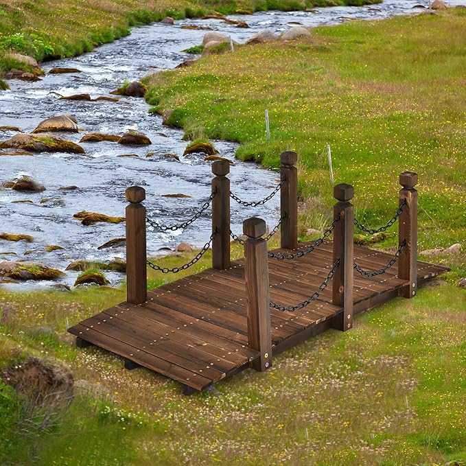 HAPPYGRILL 5FT Wooden Bridge with Safe Chain Railings, Outdoor Small Arc Pond Bridge, Decorative Fir Bridge for Landscaping Garden Pond Stream Courtyard