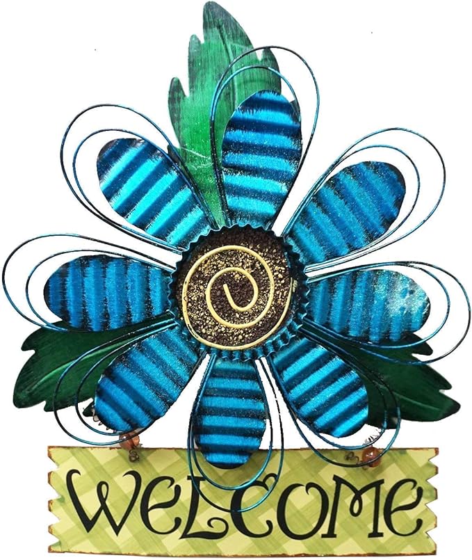 Large Rustic Metal Blue Flower Welcome Wall Art Decor Hanging Metal Flower Welcome Door Wreath Kitchen Living Room Bathroom Patio Garden Yard Wall Decoration