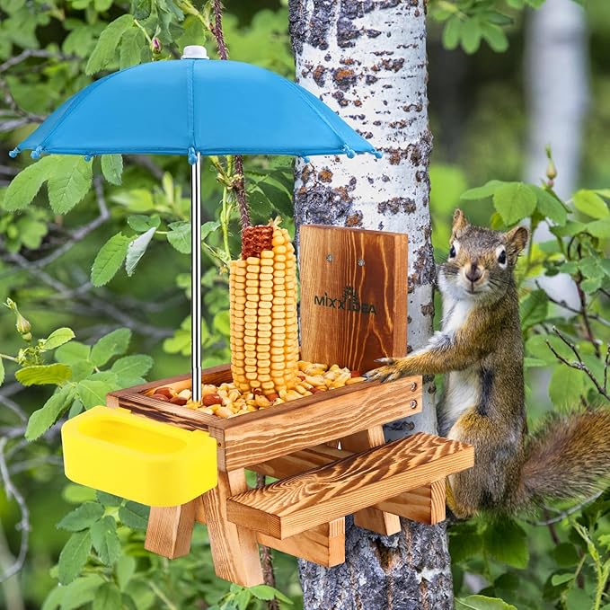 MIXXIDEA Wooden Squirrel Feeder Table with Water Bowl, Squirrel Picnic Table for Outside with Umbrella, Brown Squirrel Feeder with Corn Cob Holder Cute Chipmunk Feeder (Blue)