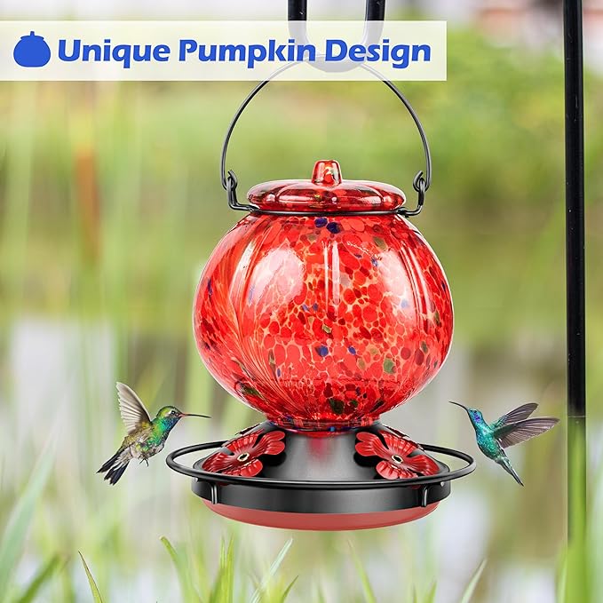 Hummingbird Feeder for Outdoors – Hand Blown Blue Glass Bird Feeder, Leakproof, Easy to Fill & Clean, Decorative Hanging Gift for Garden, Patio, Window, Mom or Gardener 25 Ounces, Red Spotted